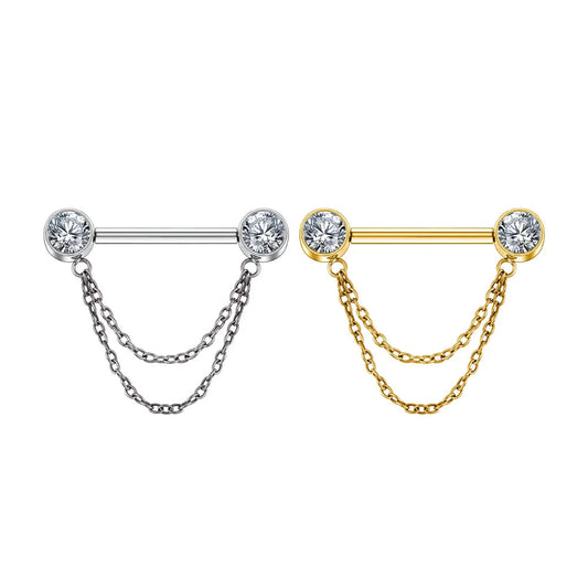 Nipple ring with chain 14g with diamonds gold and silver titanium 1 piece