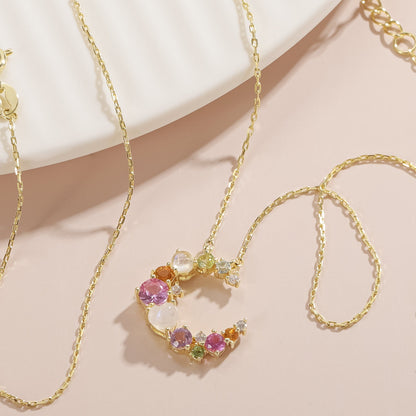 Multi-color gemstone necklace moon necklace  colorful necklace summer necklace