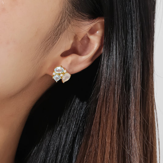 Moonstone gemstone earrings with blue topaz gold and moonstone earrings women's stud earrings