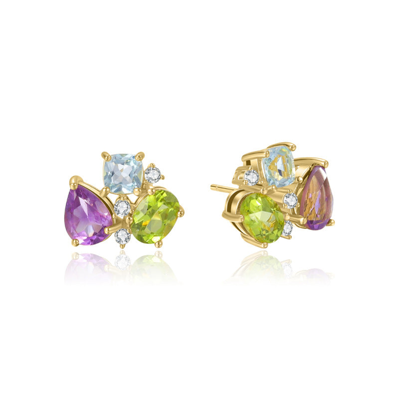 Colorful stud earrings with purple amethyst green olivine and blue topaz fun earrings gemstone earrings