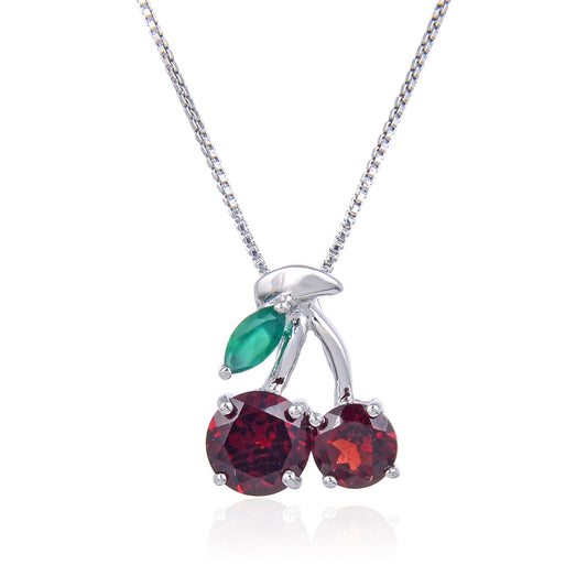 Cherry charm necklace with natural garnet and tourmaline silver cherry necklace cute and unique