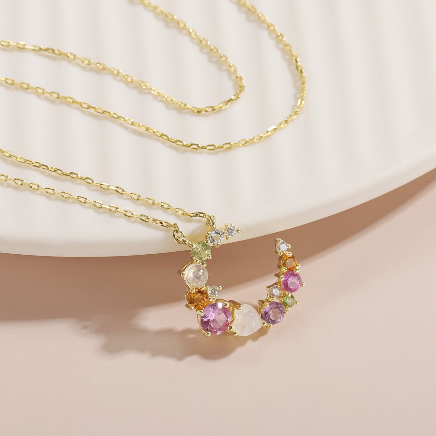 Multi-color gemstone necklace moon necklace  colorful necklace summer necklace