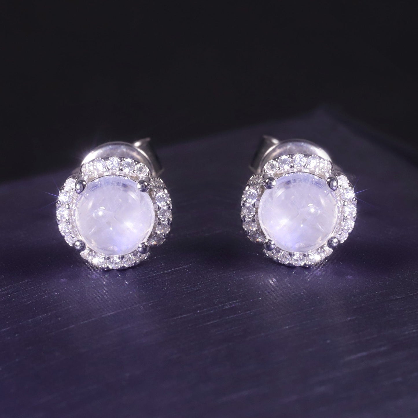 Moonstone and diamond cz earrings gemstone ear studs silver ear studs for women