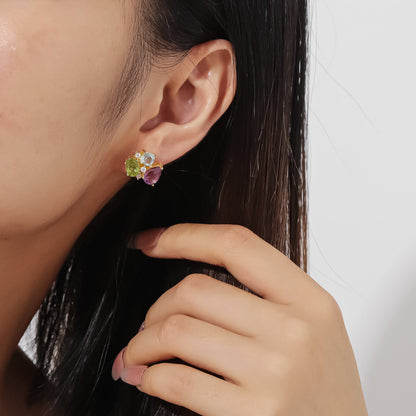 Colorful stud earrings with purple amethyst green olivine and blue topaz fun earrings gemstone earrings