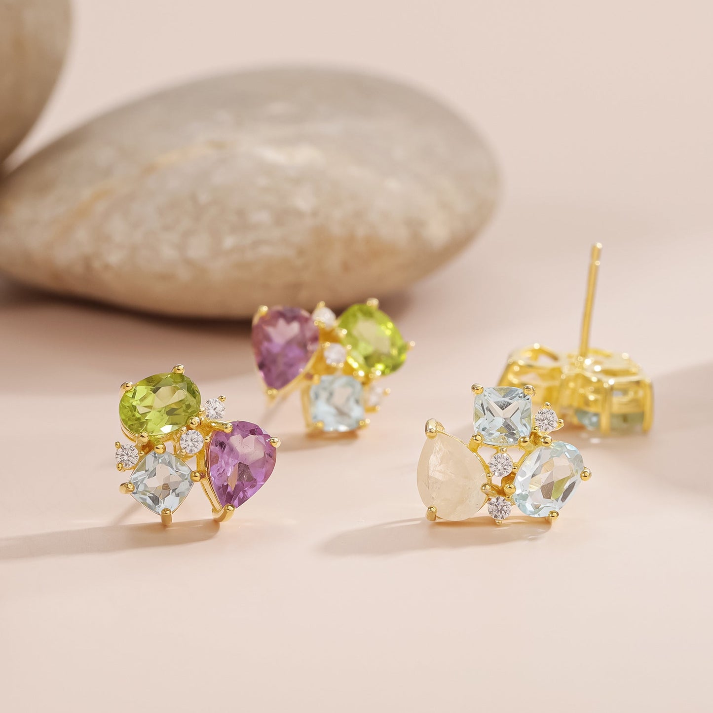 Moonstone gemstone earrings with blue topaz gold and moonstone earrings women's stud earrings