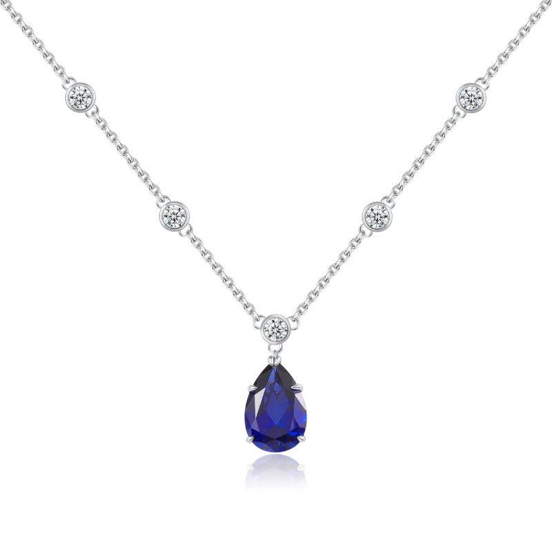 Silver sapphire necklace with a lab-created blue sapphire stone pendant necklace