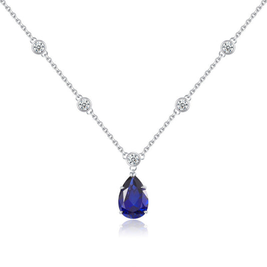 Silver sapphire necklace with a lab-created blue sapphire stone pendant necklace