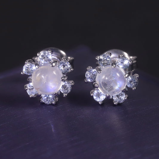Moonstone and silver earrings flower ear studs sterling silver stud earings