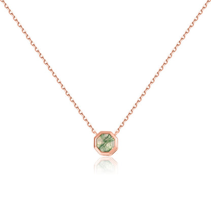 Moss agate necklace rose gold tiny and dainty in a hexagon shape