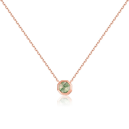 Moss agate necklace rose gold tiny and dainty in a hexagon shape
