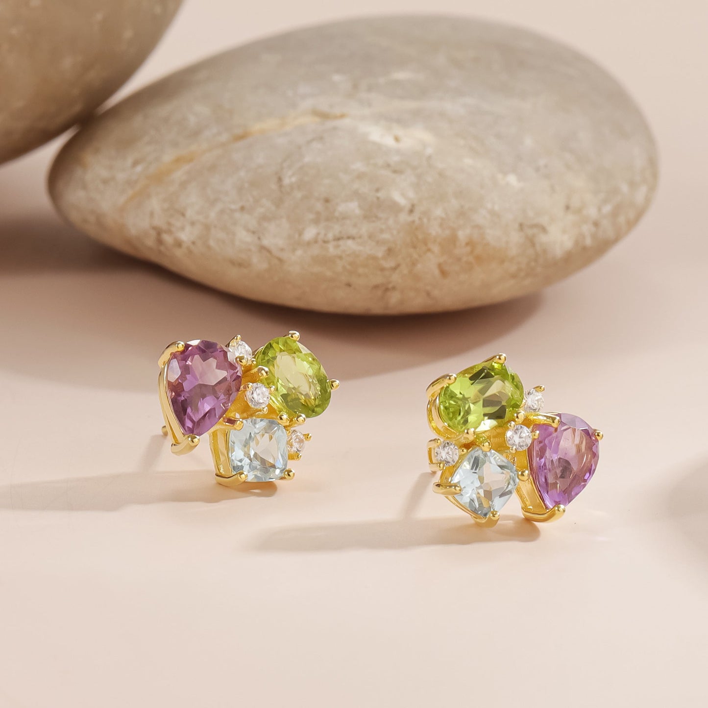 Colorful stud earrings with purple amethyst green olivine and blue topaz fun earrings gemstone earrings