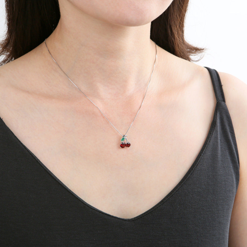 Cherry charm necklace with natural garnet and tourmaline silver cherry necklace cute and unique