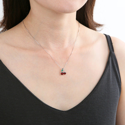 Cherry charm necklace with natural garnet and tourmaline silver cherry necklace cute and unique