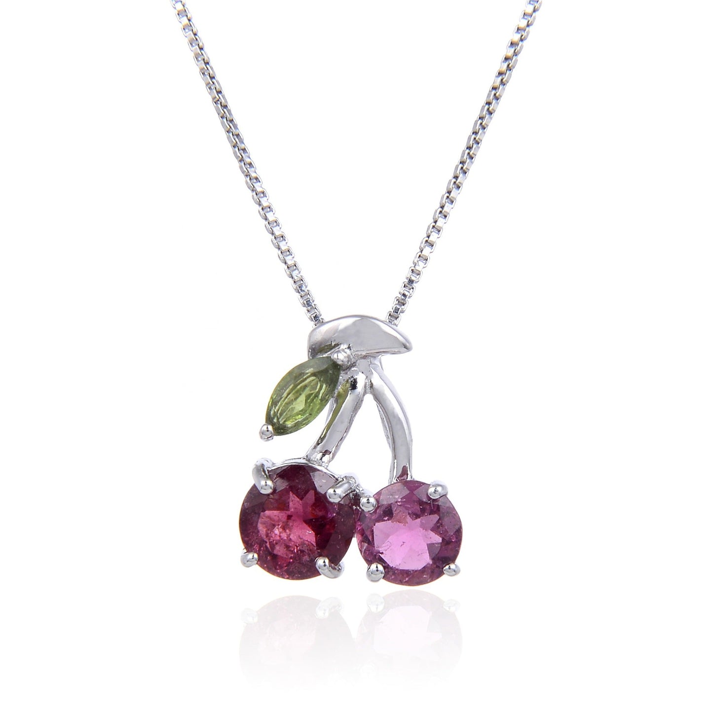 Cherry charm necklace with natural garnet and tourmaline silver cherry necklace cute and unique