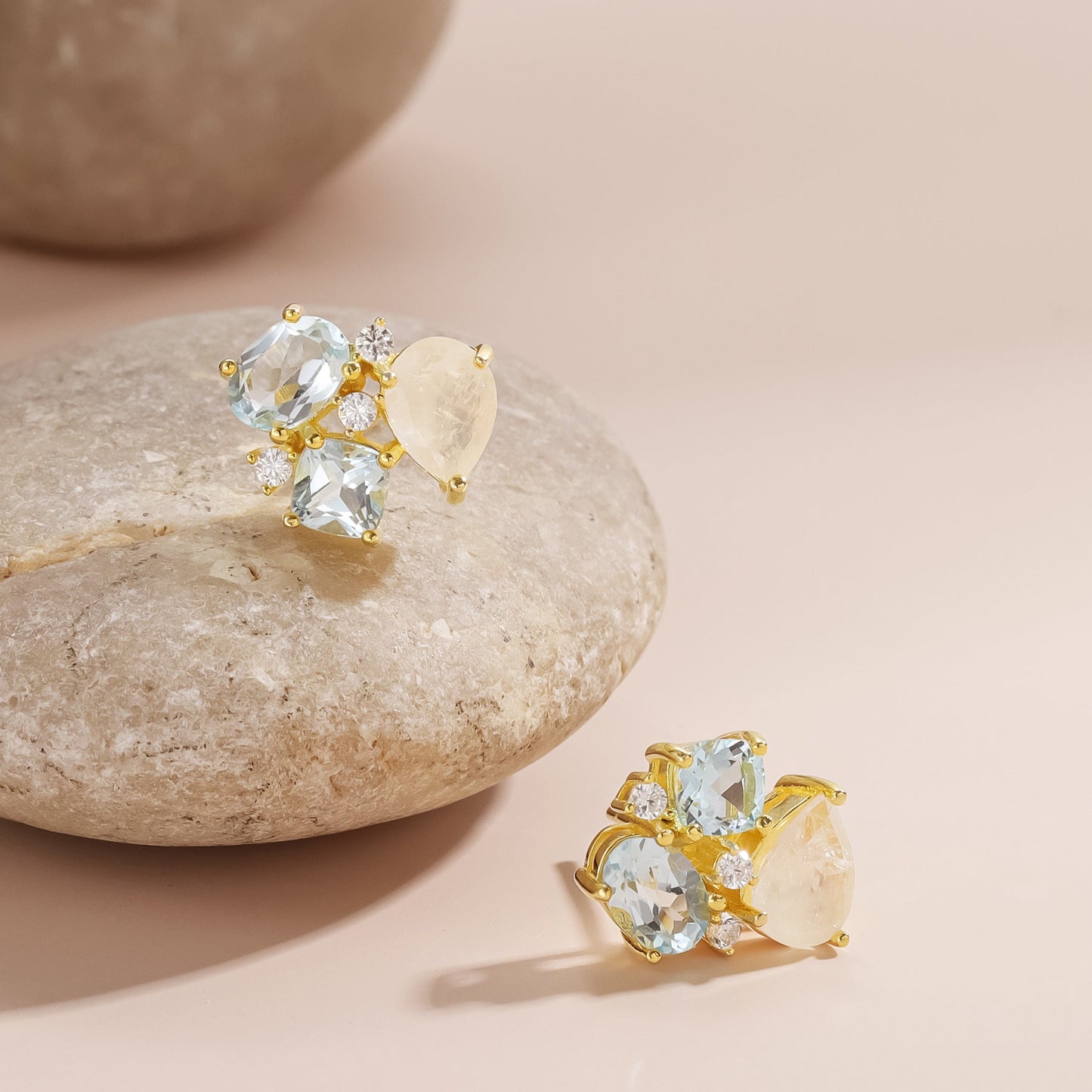 Moonstone gemstone earrings with blue topaz gold and moonstone earrings women's stud earrings