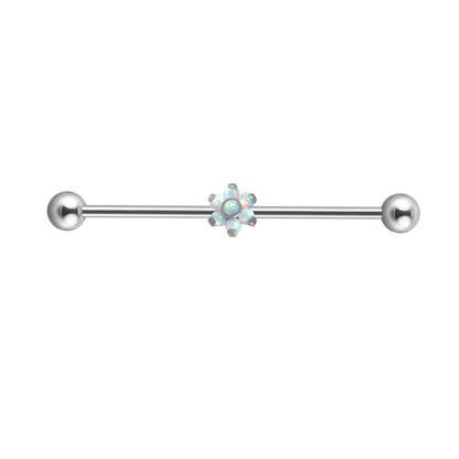 Opal industrial piercing with a flower clear white and blue opal barbell piercing titanium 14G
