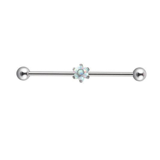 Opal industrial piercing with a flower clear white and blue opal barbell piercing titanium 14G
