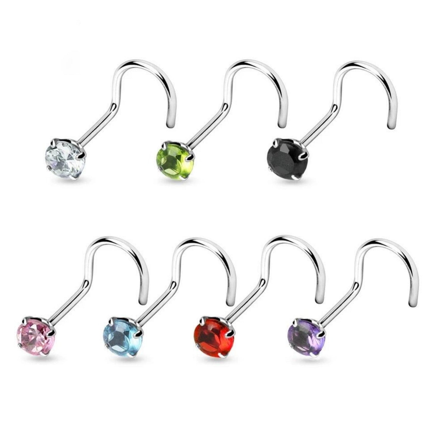 Corkscrew nose ring with round CZ different colors titanium 20G