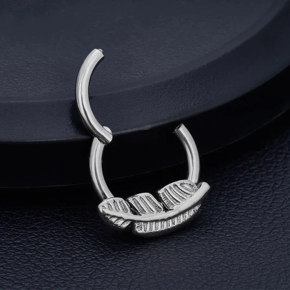 Leaf nose ring titanium hinged clicker septum piercing 16G silver