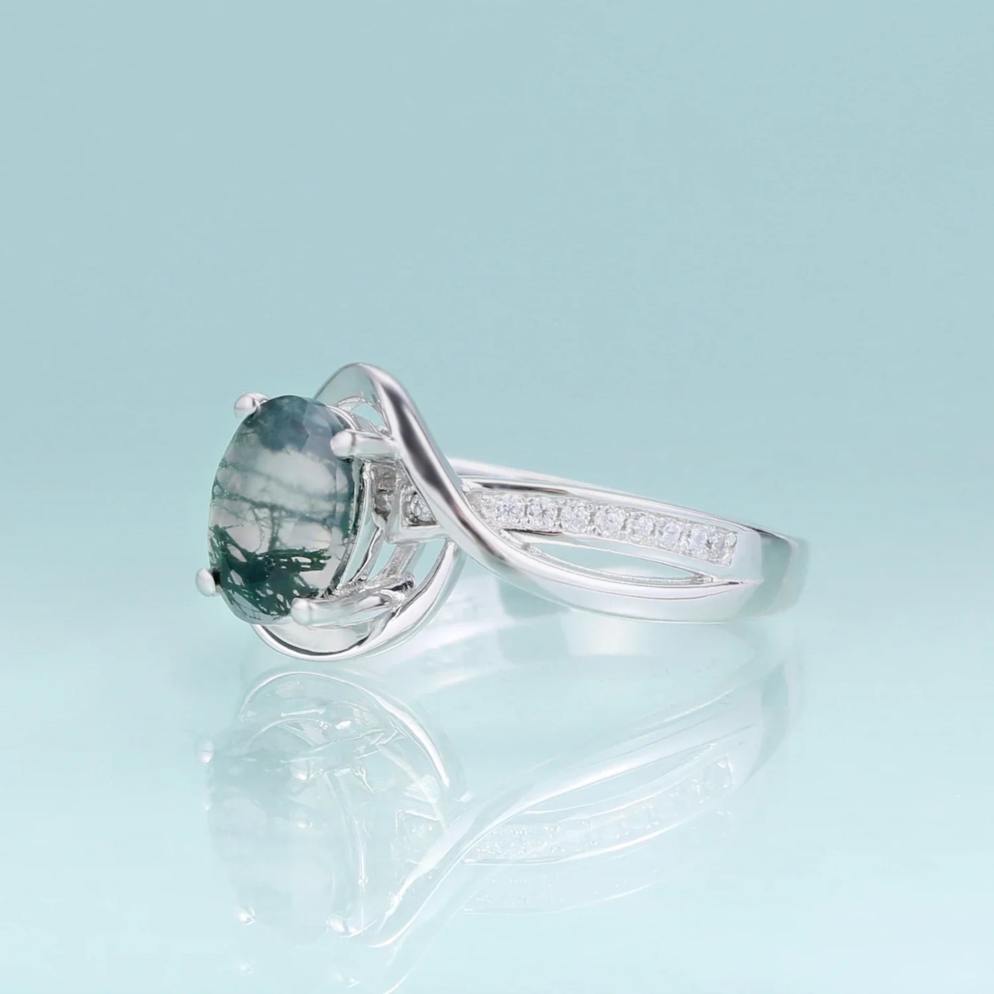 Moss agate and diamond engagement ring sterling silver oval moss agate engagement ring