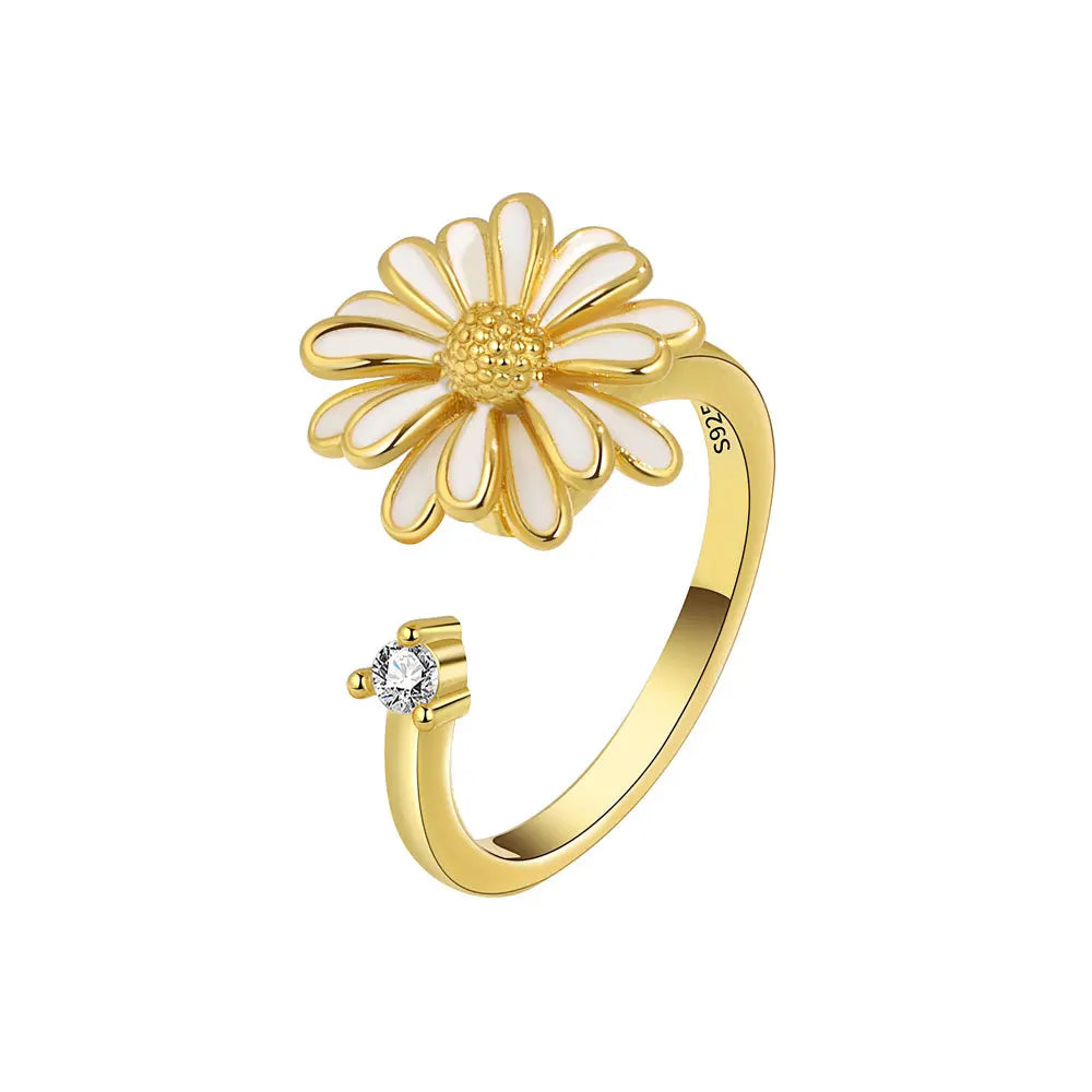 Flower spinner ring white purple sterling silver anxiety ring