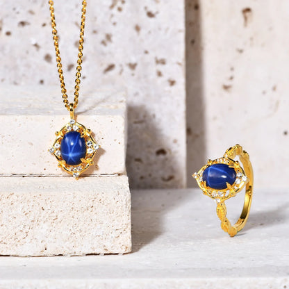 Blue star sapphire necklace in gold Art Deco momma necklace