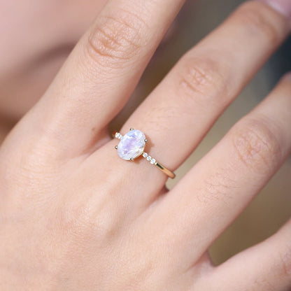 Moonstone gemstone ring with a natural moonstone and clear CZ stones