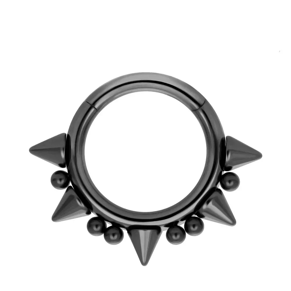 Black spike hoop earring from Rosary Milano, edgy fashion jewelry on white background