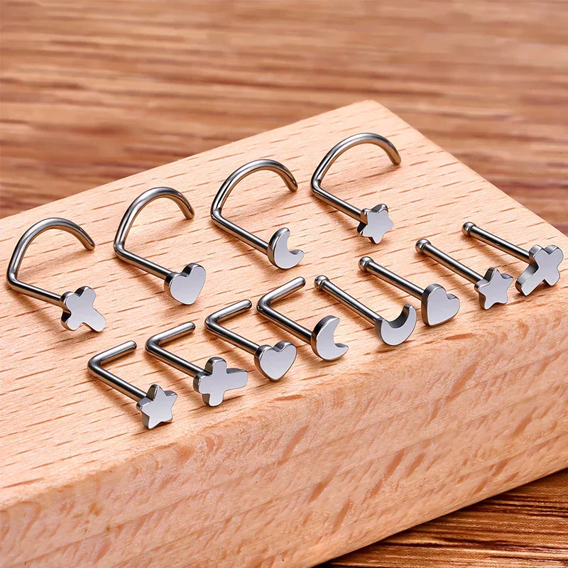 Screw nose ring with a cross titanium corkscrew nose stud silver