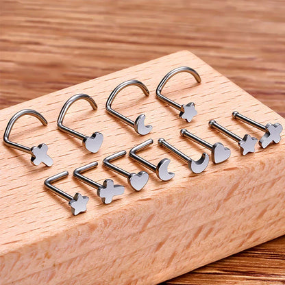 Screw nose ring with a cross titanium corkscrew nose stud silver
