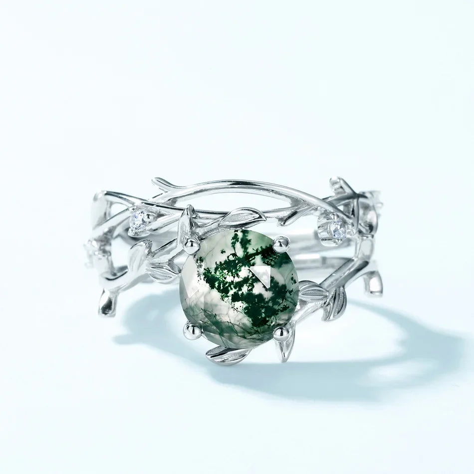 Moss agate leaf ring set wedding ring set sterling silver