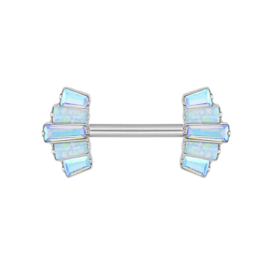 Iridescent opal baguette barbell piercing jewelry from RosaryMilano on white background