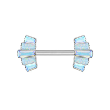 Iridescent opal baguette barbell piercing jewelry from RosaryMilano on white background