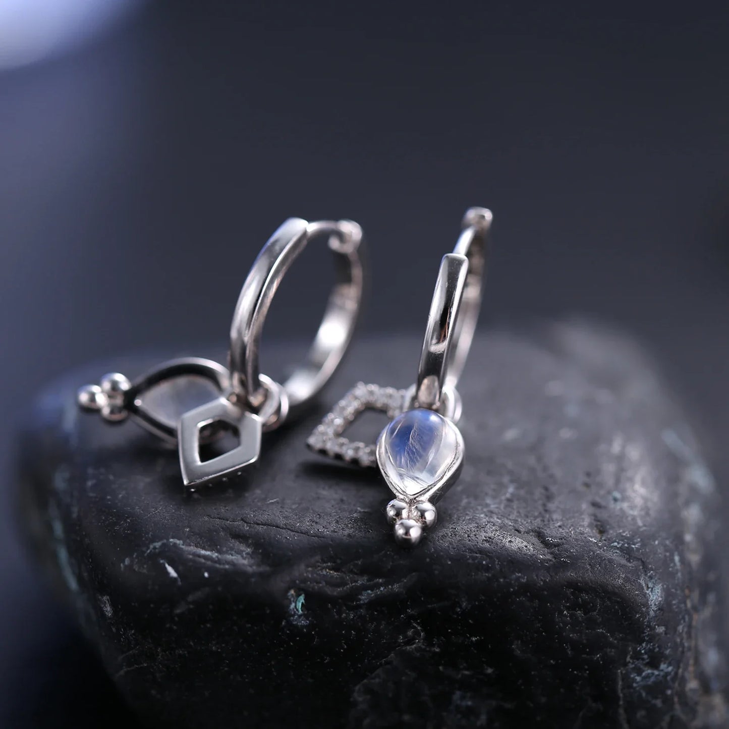 Moonstone drop earrings with teardrop moonstones three dots and cz short hoop earrings