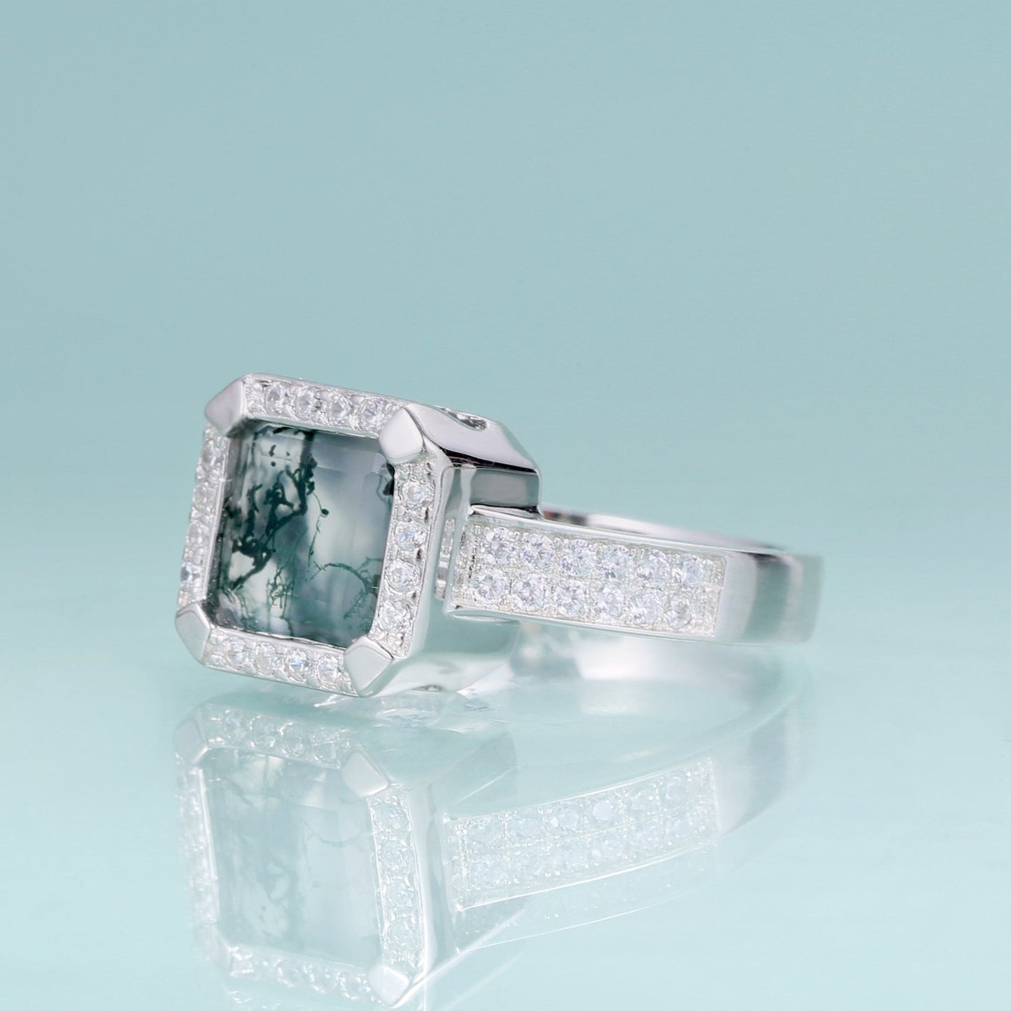 Men's moss agate ring square shape halo setting in silver