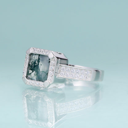 Men's moss agate ring square shape halo setting in silver