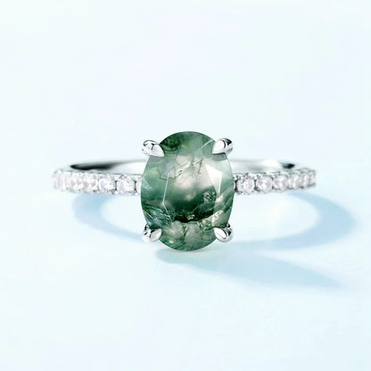 Moss agate crystal ring oval cut sterling silver natural green moss agate