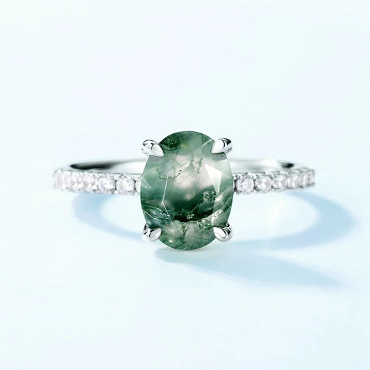 Moss agate crystal ring oval cut sterling silver natural green moss agate