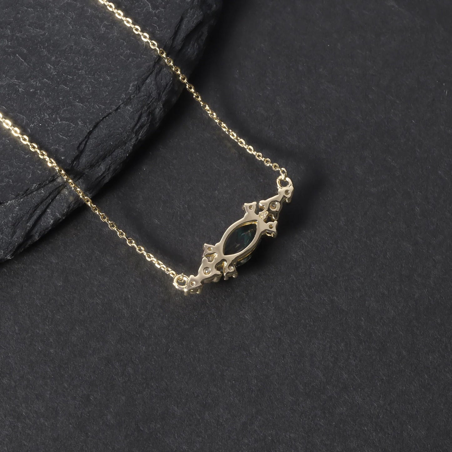 Moss agate pendant necklace with a marquise stone rose gold necklace