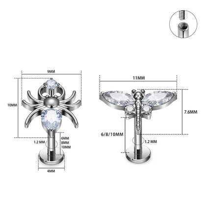 Dragonfly stud earring nose stud titanium piercing stud with clear pink or green diamonds