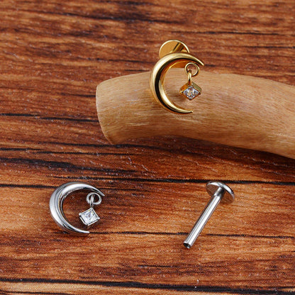 Moon stud earring with a clear CZ crescent moon titanium stud 16G