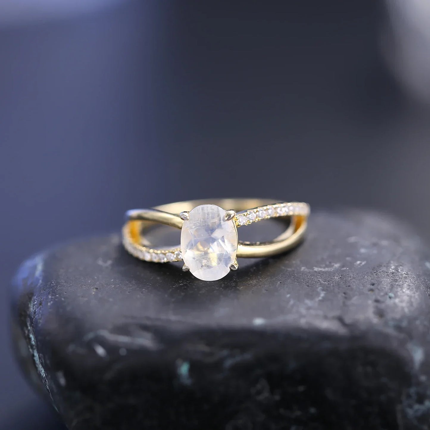 Victorian moonstone ring double layers with cz gold ring for women