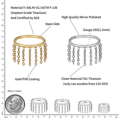 Snug piercing hoop with chains 16G titanium gold silver hinged segment clicker
