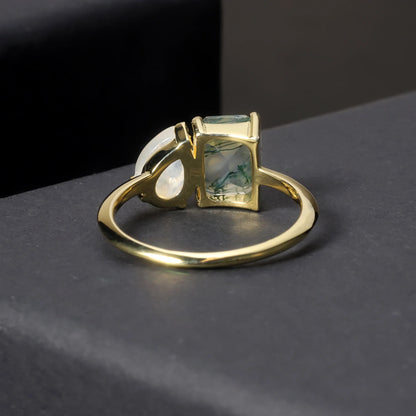 You and me ring with a natural green moss agate and a moonstone toi et moi ring