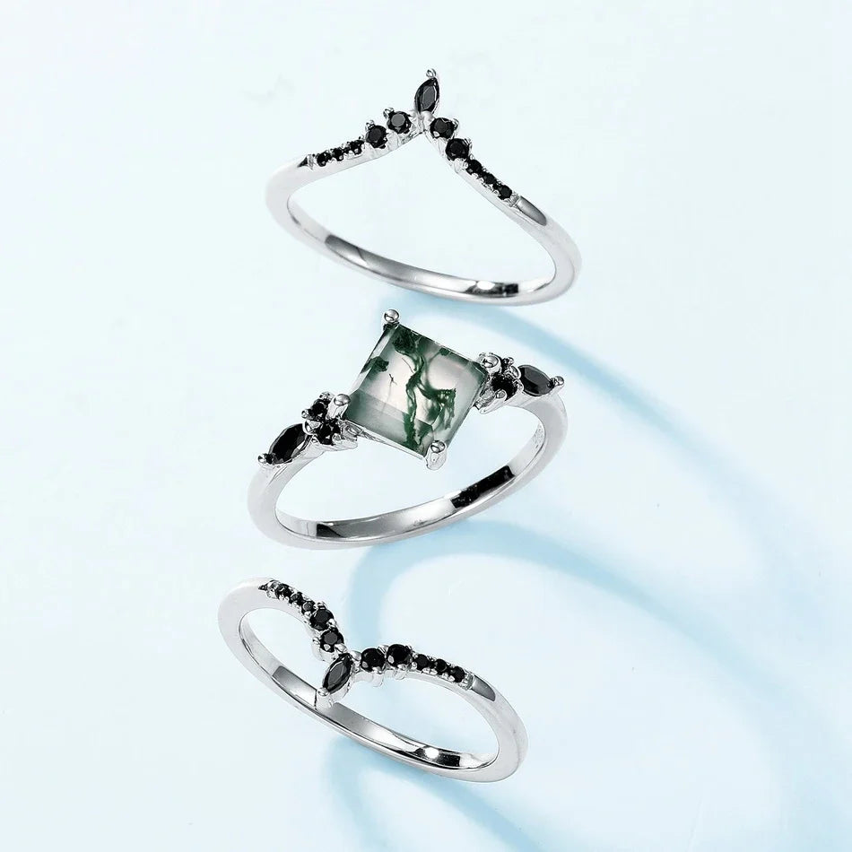 Unique moss agate engagement ring set with black CZ stones sterling silver