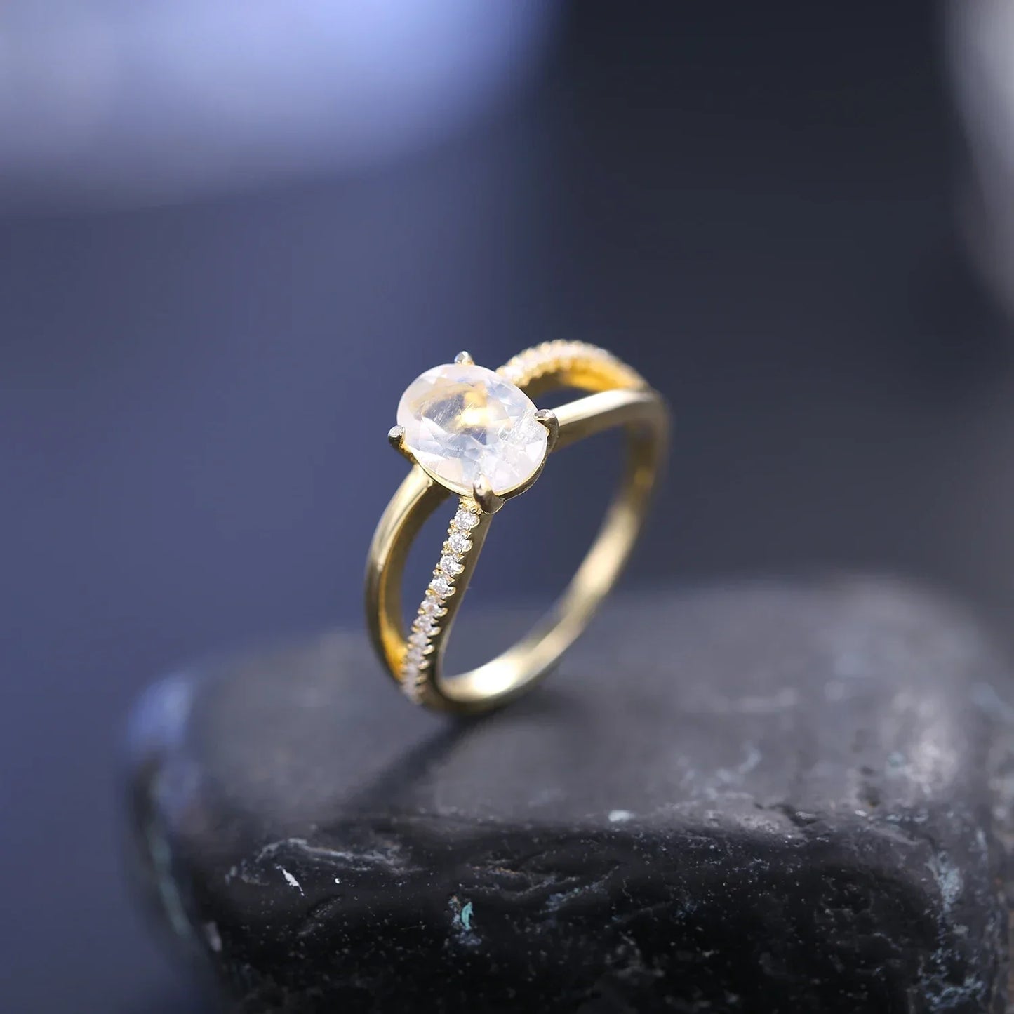 Victorian moonstone ring double layers with cz gold ring for women