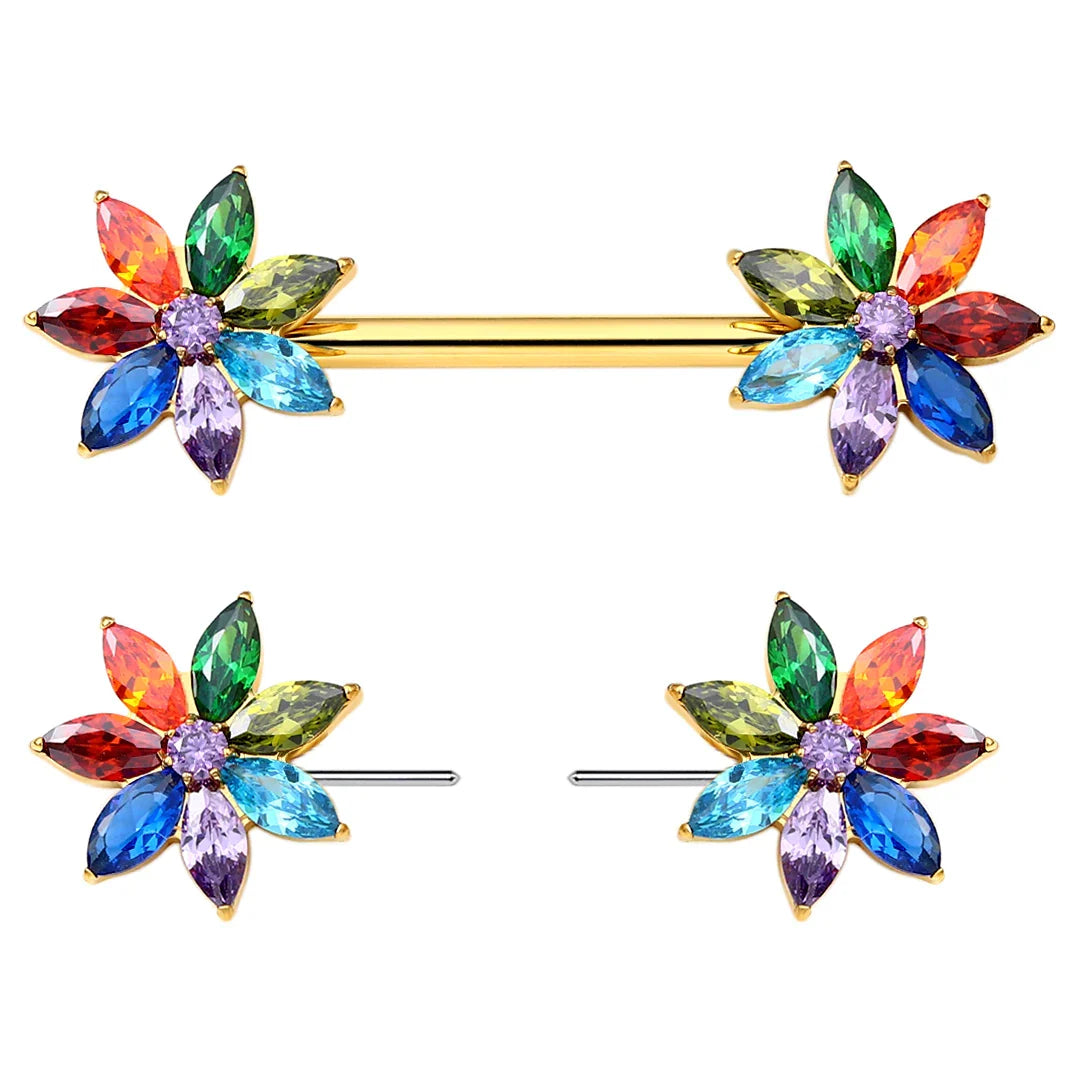 Flower nipple piercing straight barbells threadless push pin titanium 2 pieces 14G 16mm