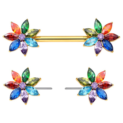 Flower nipple piercing straight barbells threadless push pin titanium 2 pieces 14G 16mm