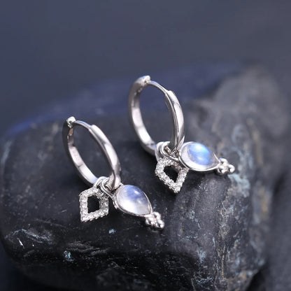 Moonstone drop earrings with teardrop moonstones three dots and cz short hoop earrings