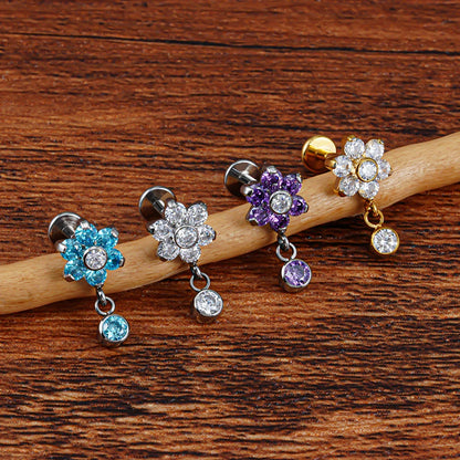 Flower helix earring with clear blue purple CZ titanium dangle earring 16G conch piercing